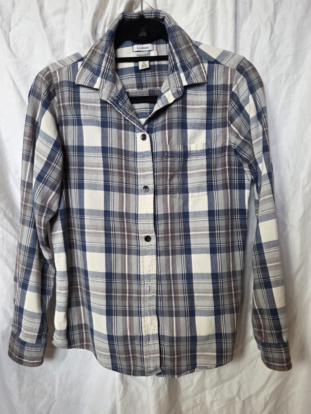 LL BEAN CLASSIC SCOTCH PLAID FLANNEL, Blue Brown, Cream XS